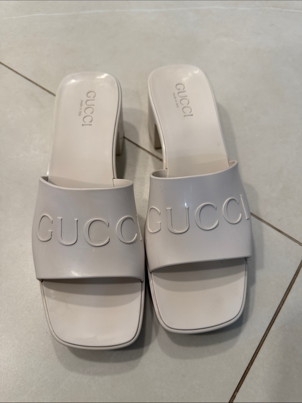 Gucci White Embossed Logo Mule Sandals